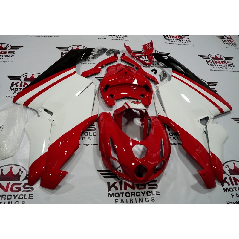 Ducati 999 (2005-2006) Red, White Stripe Fairings Clear Windscreen: Free No Seat Cowl No Bolt Kit
