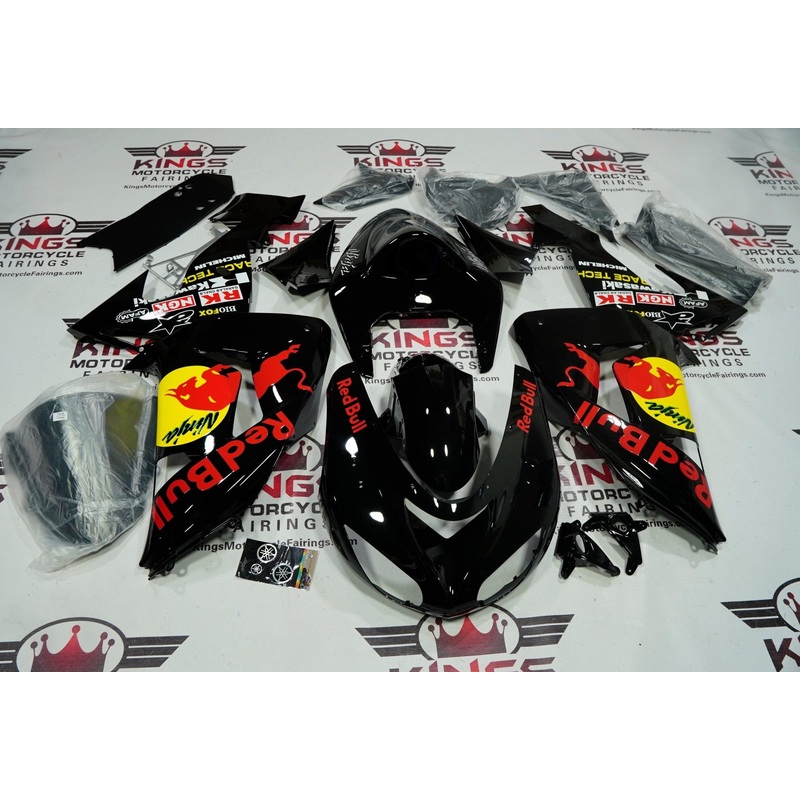Fairing kit for a Kawasaki Ninja ZX10R (2006-2007) Black, Red & Yellow RedBull Clear Windscreen: Free No Seat Cowl No Bolt Kit