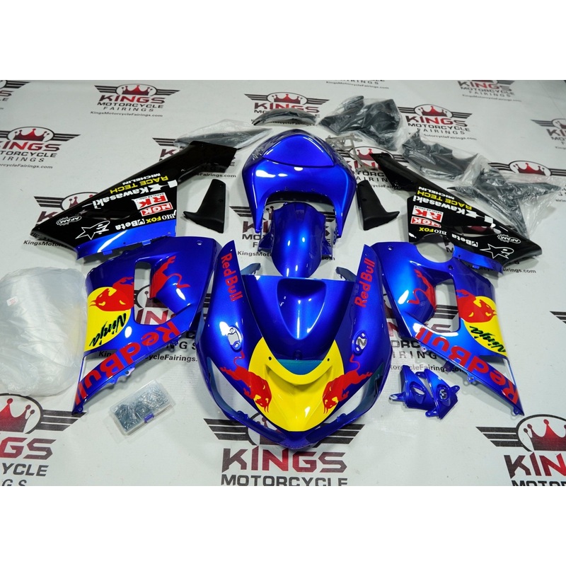 Fairing kit for a Kawasaki ZX6R 636 (2005-2006) Blue Red Bull Clear Windscreen: Free No Seat Cowl No Bolt Kit