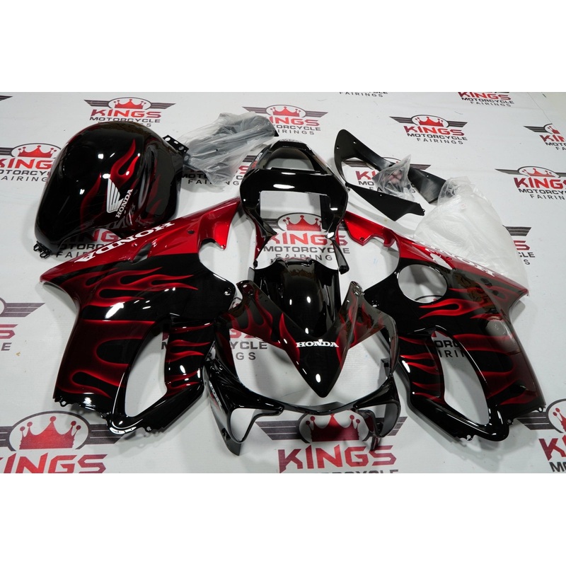 Honda CBR600F4i (2001-2003) Black, Candy Apple Red Flame Fairings Clear Windscreen: Free No Bolt Kit No Tank