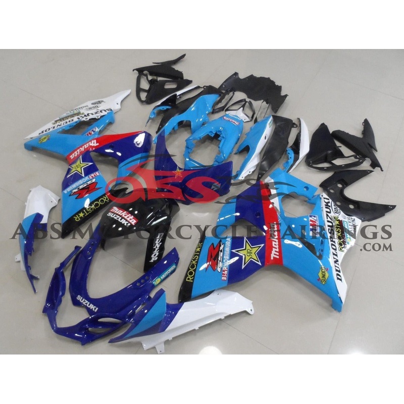 Suzuki GSXR1000 (2009-2016) Blue, White, Red & Black Rockstar Fairings Clear Windscreen: Free No Seat Cowl No Bolt Kit
