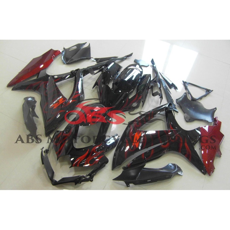 Suzuki GSXR600 (2008-2010) Black & Candy Apple Red Flame Fairings No Seat Cowl No Bolt Kit No Tank
