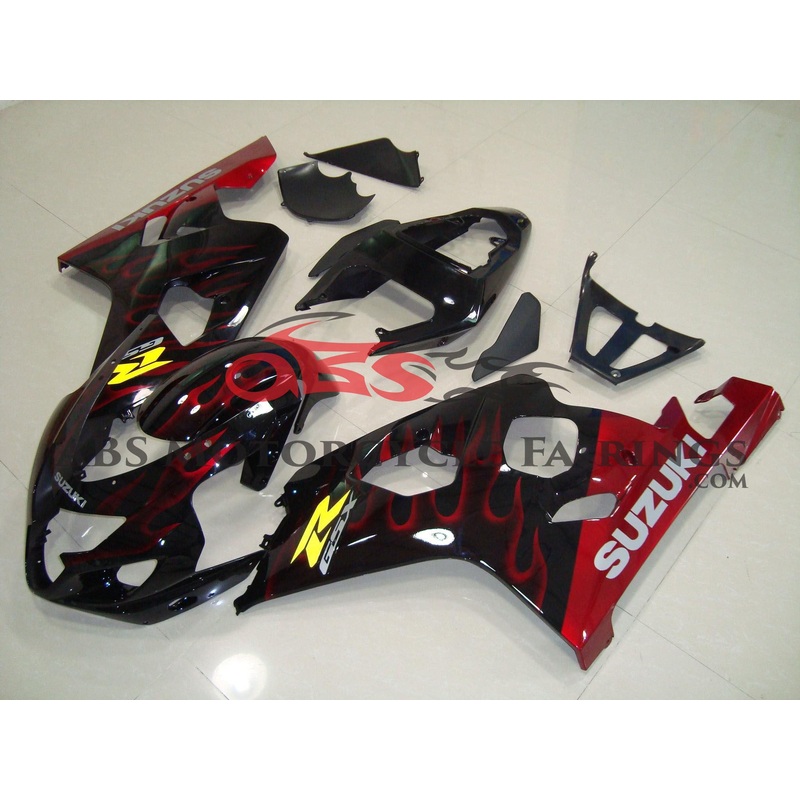 Suzuki GSXR750 (2004-2005) Black & Candy Apple Red Flame Fairings No Seat Cowl No Bolt Kit No Tank