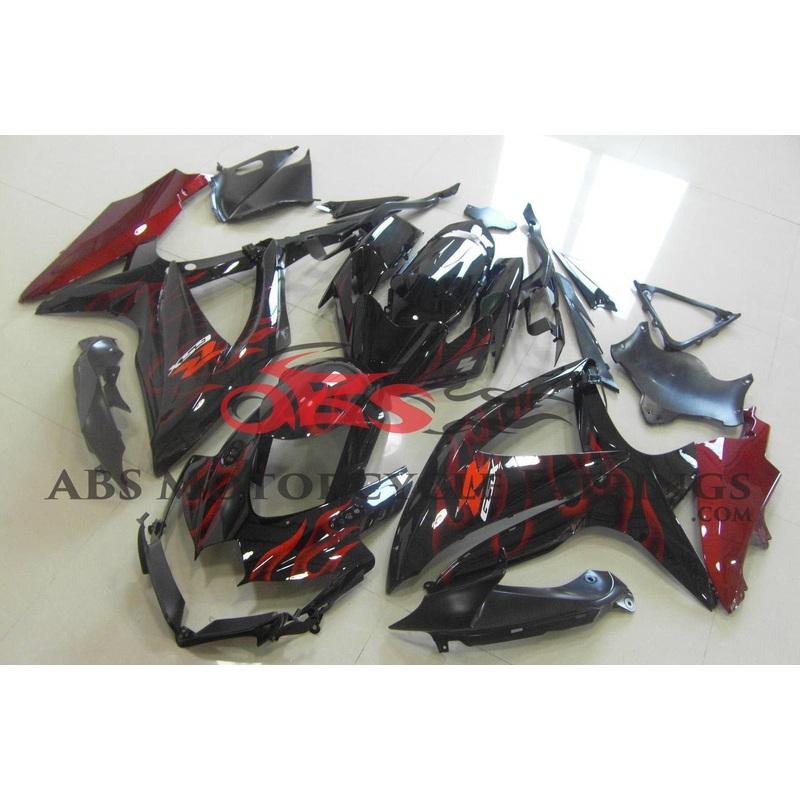 Suzuki GSXR750 (2008-2010) Black & Candy Apple Red Flame Fairings No Seat Cowl No Bolt Kit No Tank