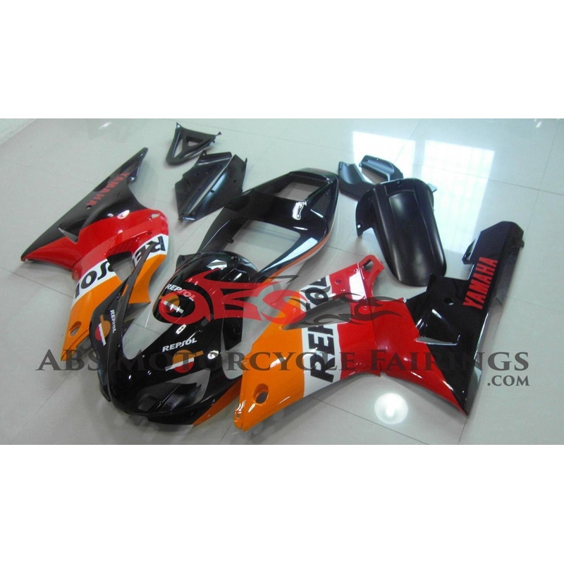 Yamaha YZF-R1 (1998-1999) Black, Orange & Red Repsol Fairings Clear Windscreen: Free No Seat Cowl No Bolt Kit