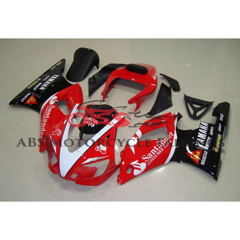 Yamaha YZF-R1 (1998-1999) Red, Black & White Santander Fairings Clear Windscreen: Free No Seat Cowl No Bolt Kit
