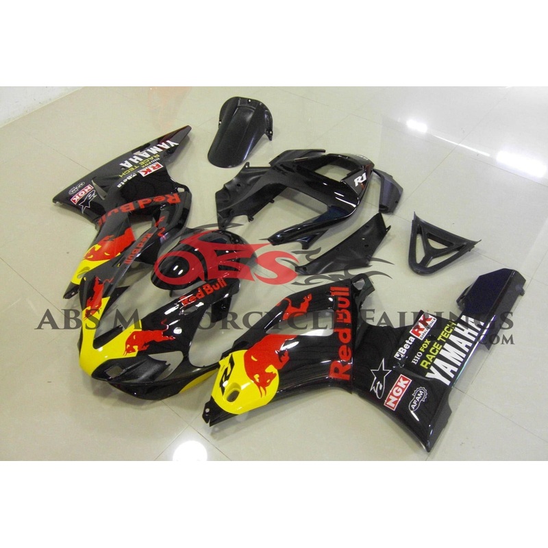 Yamaha YZF-R1 (2000-2001) Black Red Bull Fairings Clear Windscreen: Free No Seat Cowl No Bolt Kit