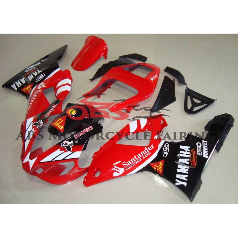 Yamaha YZF-R1 (2000-2001) Red, Black & White Santander Fairings Clear Windscreen: Free No Seat Cowl No Bolt Kit
