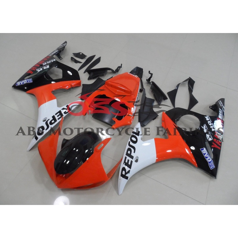 Yamaha YZF-R6 (2003-2004) Orange, White & Black Repsol Fairings Clear Windscreen: Free No Seat Cowl No Bolt Kit
