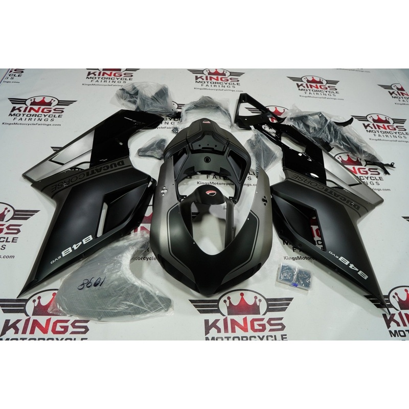 Ducati 848 (2007-2014) Matte Black, Matte Gray & Gloss Black Fairings Clear Windscreen: Free No Seat Cowl No Bolt Kit