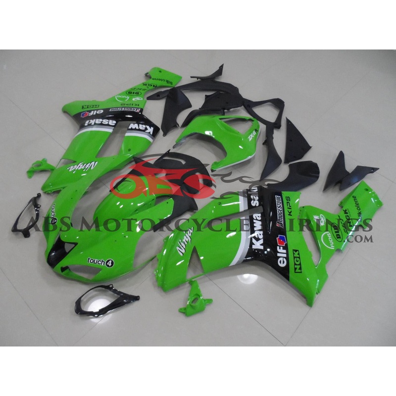 Fairing kit for a Kawasaki Ninja ZX6R 636 (2007-2008) Green, Black & White Clear Windscreen: Free No Seat Cowl No Bolt Kit