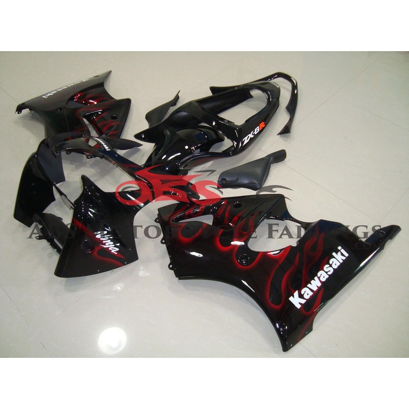 Fairing Kit for a Kawasaki ZX6R 636 (2000-2002) Black & Red Flames Clear Windscreen: Free No Seat Cowl No Bolt Kit