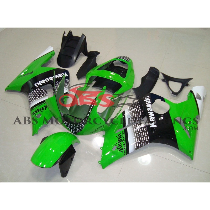 Fairing kit for a Kawasaki ZX6R 636 (2003-2004) Green, Black & White Nakano Clear Windscreen: Free No Seat Cowl No Bolt Kit