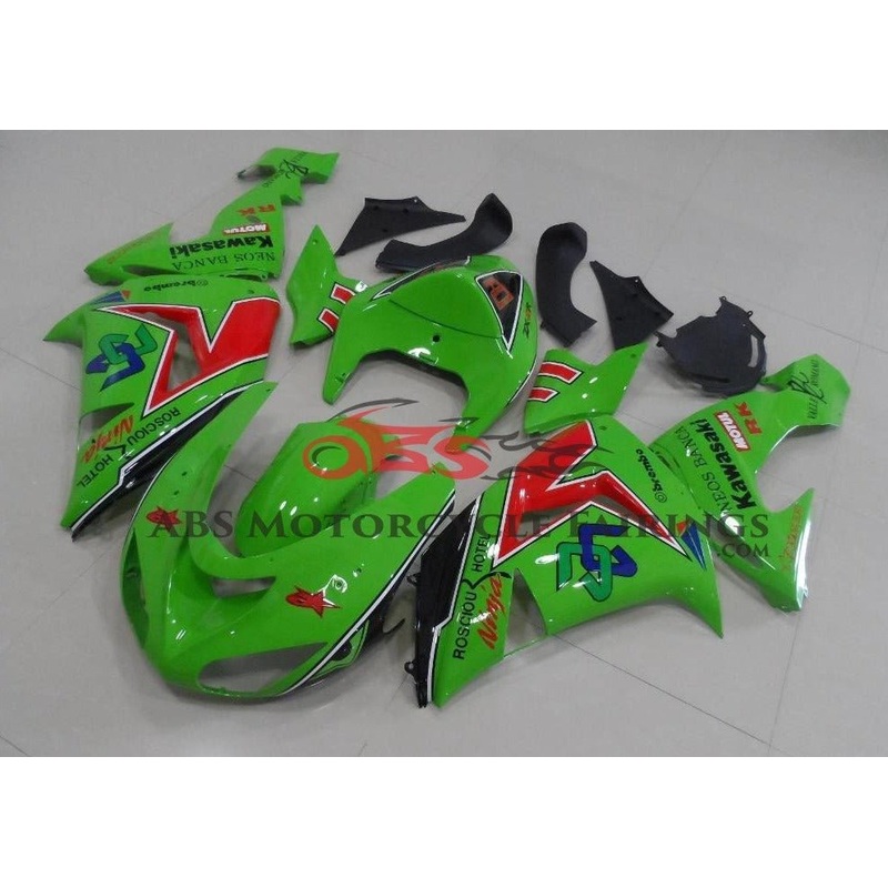 Fairing kit for a Kawasaki ZX6R 636 (2005-2006) Green & Red Neos Banca Clear Windscreen: Free No Seat Cowl No Bolt Kit