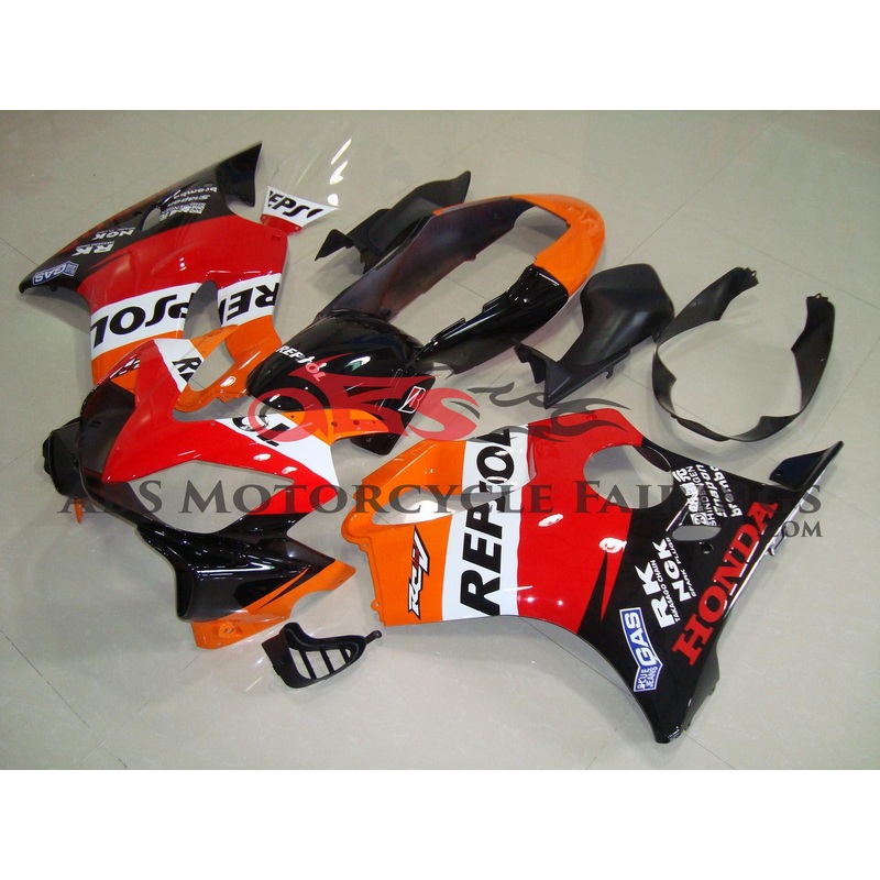 Honda CBR600F4i (2004-2007) Orange, Black & Red REPSOL Fairings Clear Windscreen: Free No Bolt Kit No Tank