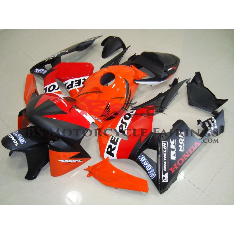 Honda CBR600RR (2005-2006) Matte Black with Gloss Orange & Red Repsol Race Fairings No Seat Cowl No Bolt Kit No Tank