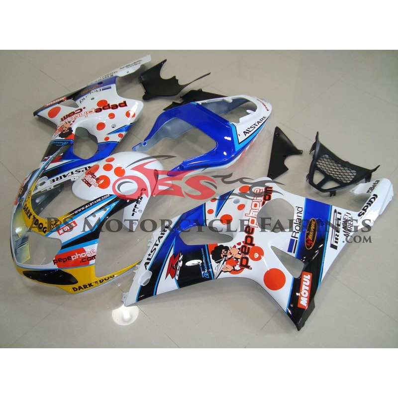 Suzuki GSXR1000 (2000-2002) White, Blue & Red Pepe Phone Fairings No Seat Cowl No Bolt Kit No Tank Cover