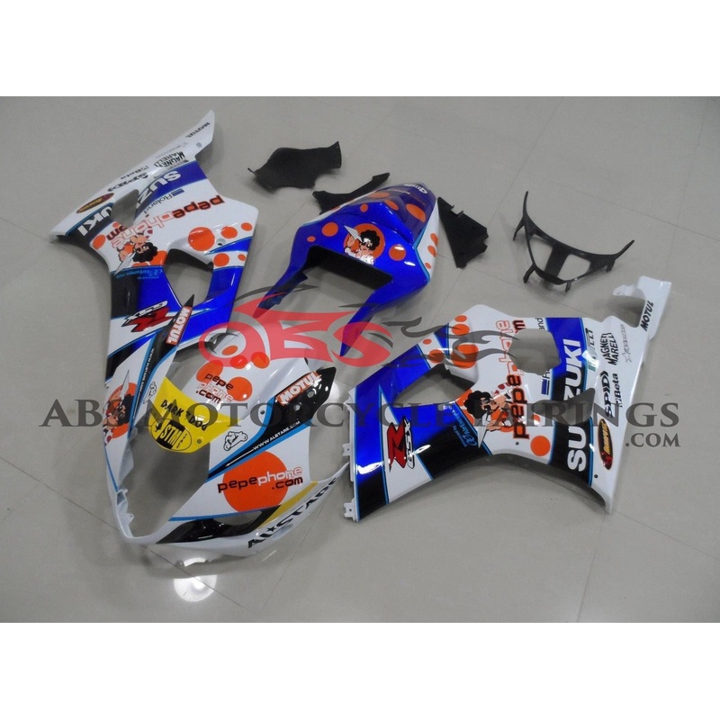 Suzuki GSXR1000 (2003-2004) White, Blue & Red Pepe Phone Fairings Clear Windscreen: Free No Seat Cowl No Bolt Kit