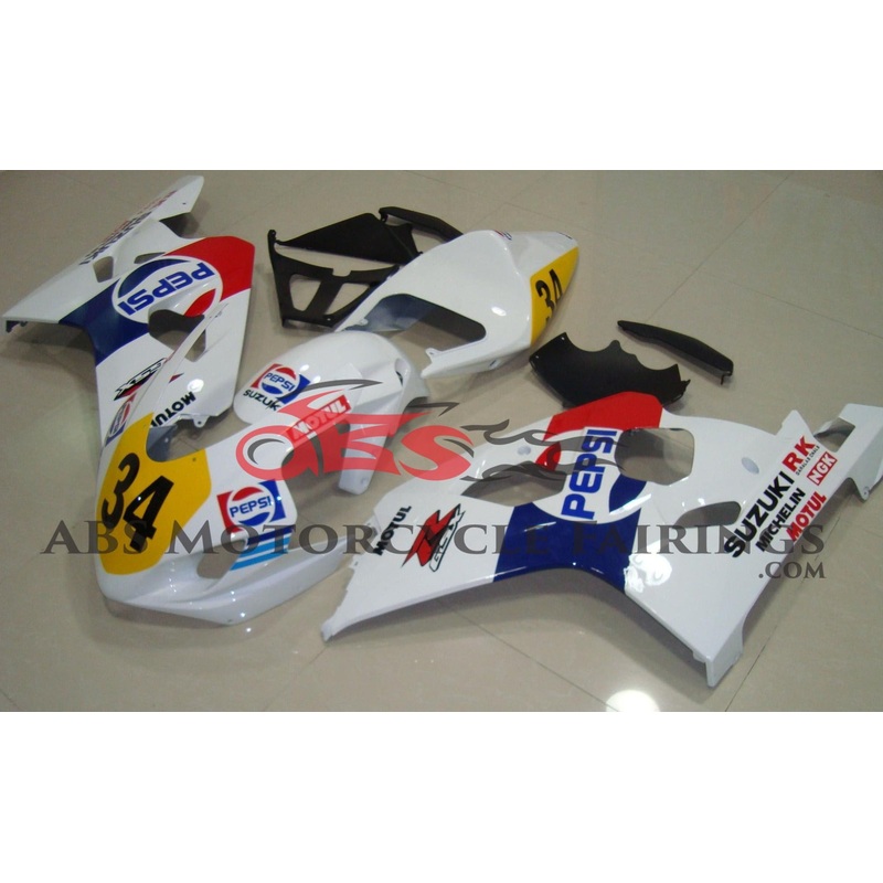 Suzuki GSXR600 (2004-2005) White PEPSI Race Fairings Clear Windscreen: Free No Bolt Kit No Tank