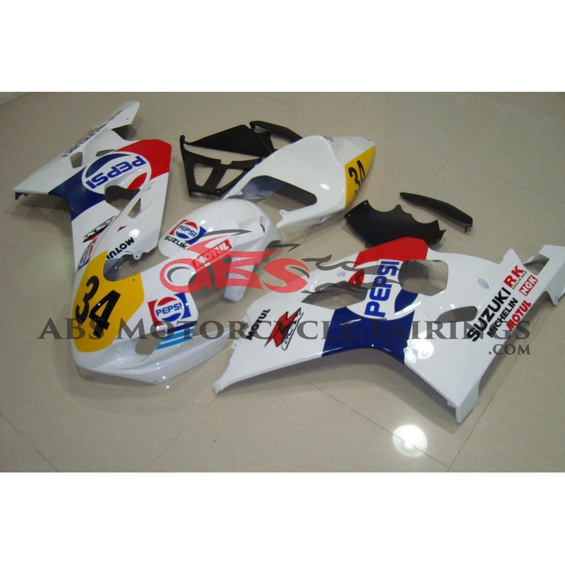 Suzuki GSXR750 (2004-2005) White Pepsi Race Fairings Clear Windscreen: Free No Bolt Kit No Tank