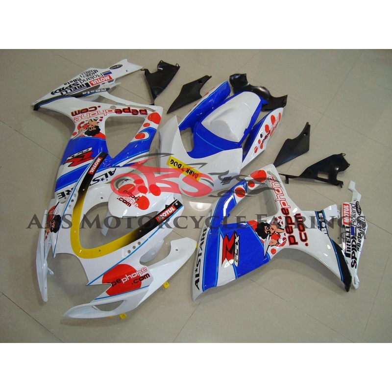 Suzuki GSXR750 (2006-2007) White, Blue & Red Pepe Phone Fairings No Seat Cowl No Bolt Kit No Tank