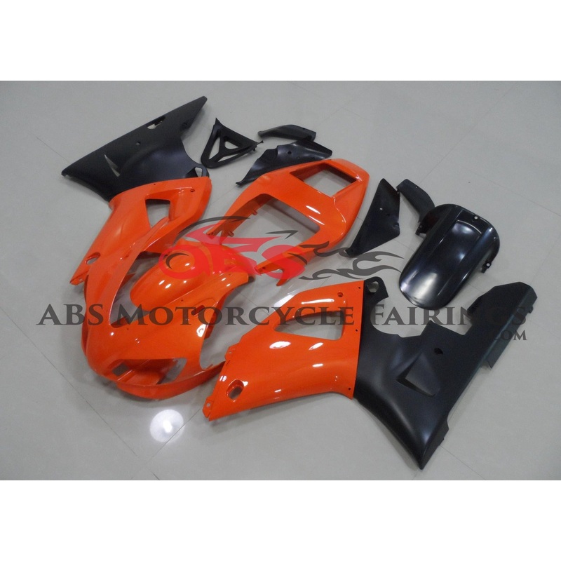Yamaha YZF-R1 (1998-1999) Orange & Matte Black Fairings Clear Windscreen: Free No Seat Cowl No Bolt Kit