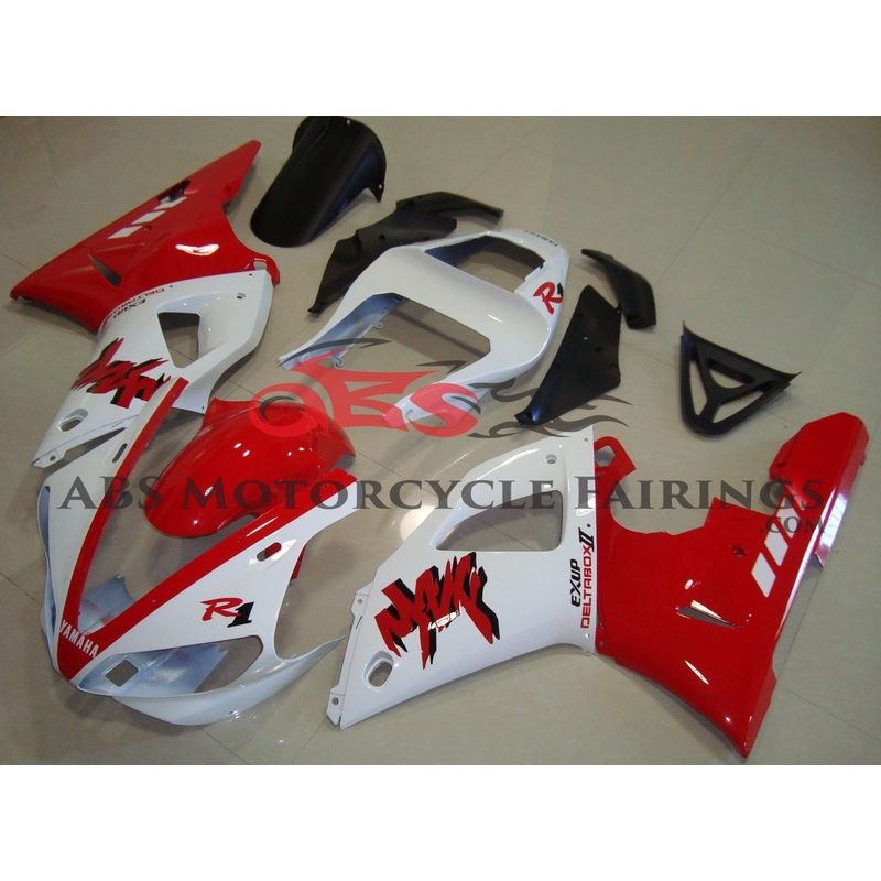 Yamaha YZF-R1 (2000-2001) Red & White DeltaBox Fairings Clear Windscreen: Free No Seat Cowl No Bolt Kit