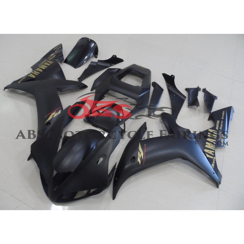 Yamaha YZF-R1 (2002-2003) Matte Black & Gold Fairings Clear Windscreen: Free No Seat Cowl No Bolt Kit