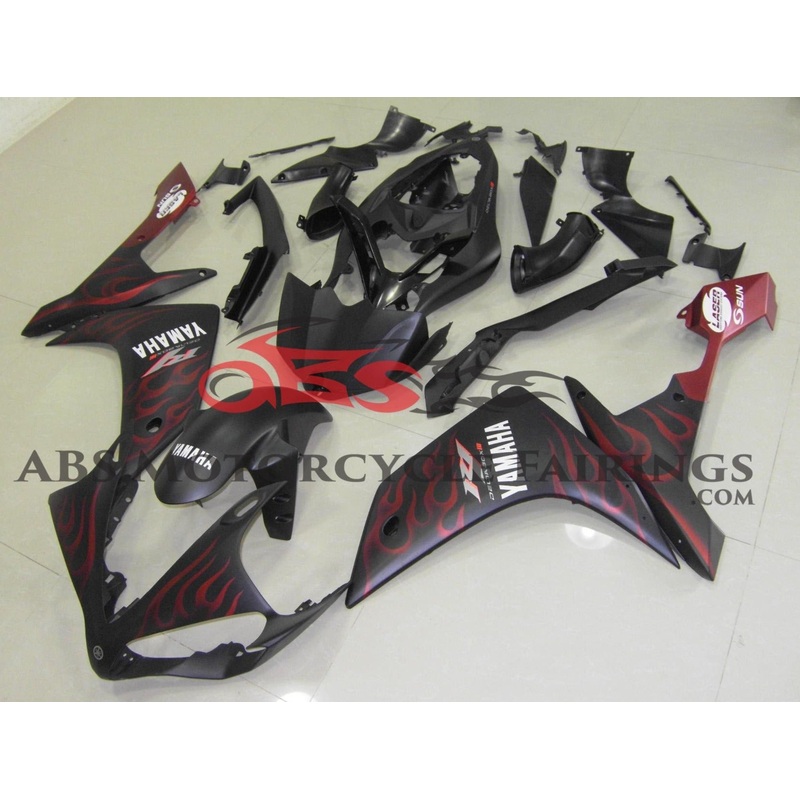 Yamaha YZF-R1 (2007-2008) Matte Black & Red Flame Fairings No Seat Cowl No Bolt Kit No Tank