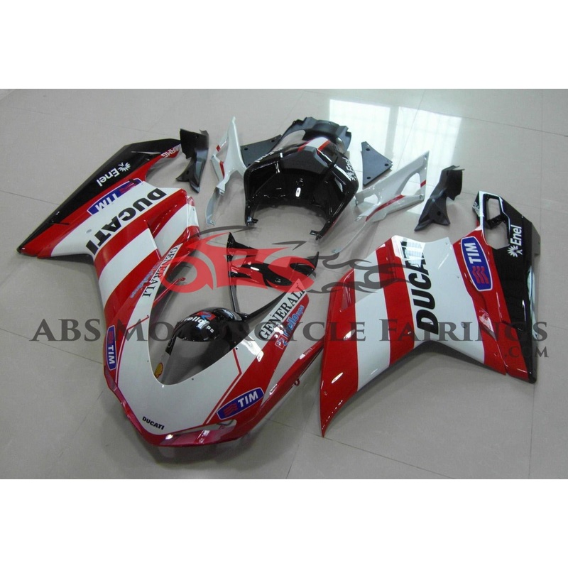 Ducati 1098 (2007-2012) White, Red & Black Generali Fairings Clear Windscreen: Free No Seat Cowl No Bolt Kit