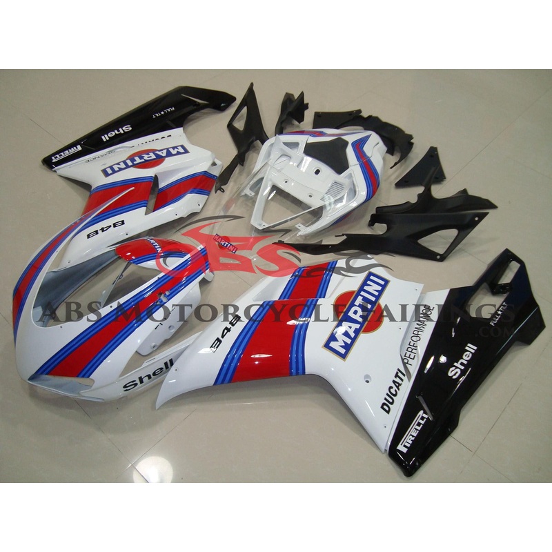Ducati 1198 (2007-2012) White, Red & Blue Martini Fairings Clear Windscreen: Free No Seat Cowl No Bolt Kit