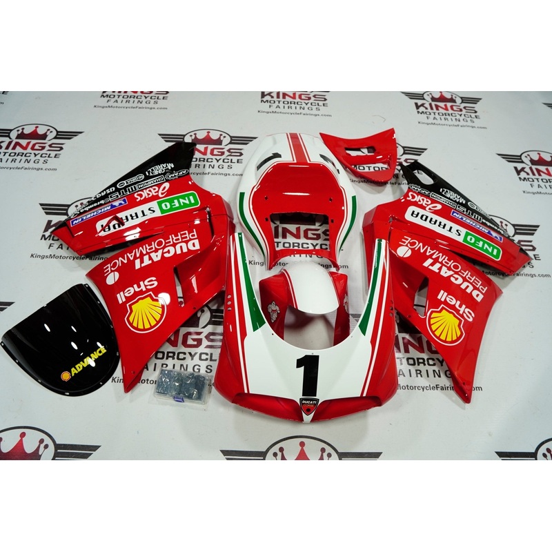Ducati 748 (1994-2003) Red & White #1 Fairings Clear Windscreen: Free No Bolt Kit
