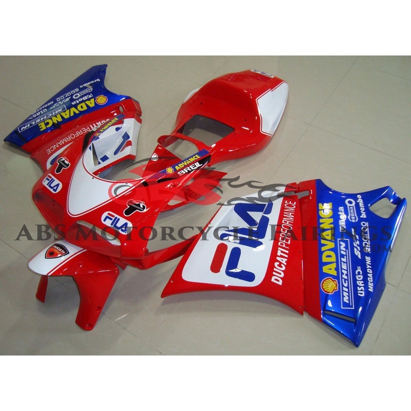 Ducati 748 (1994-2003) Red, White & Blue FILA Fairings Clear Windscreen: Free No Bolt Kit