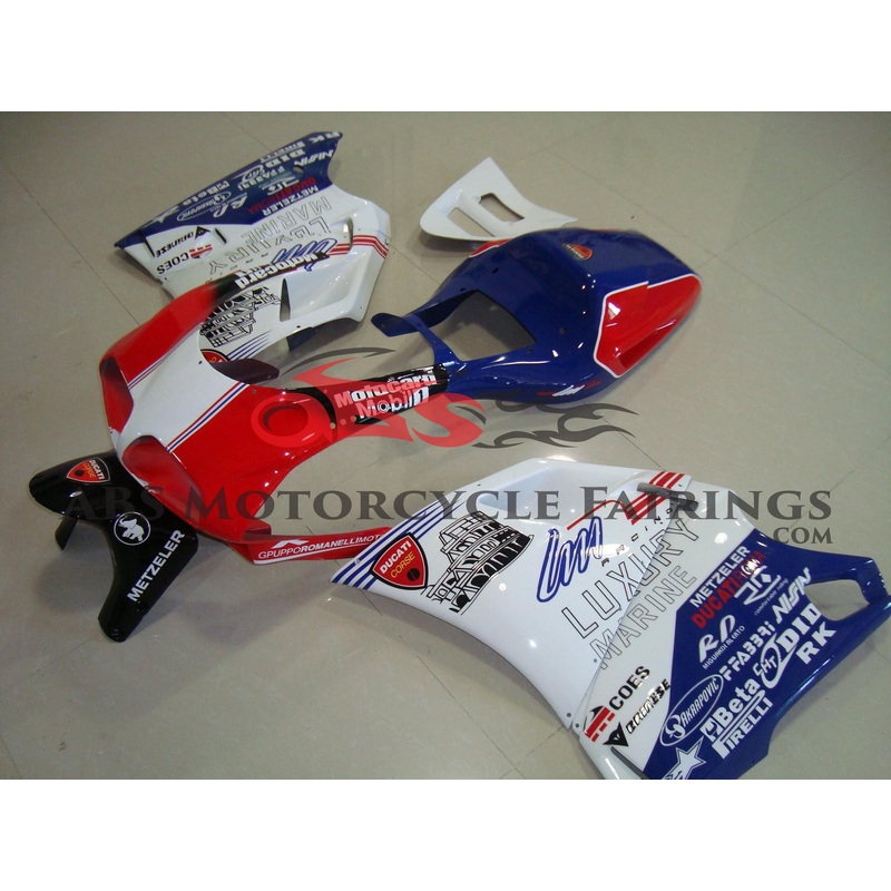 Ducati 748 (1994-2003) White, Red & Blue Fairings Clear Windscreen: Free No Bolt Kit