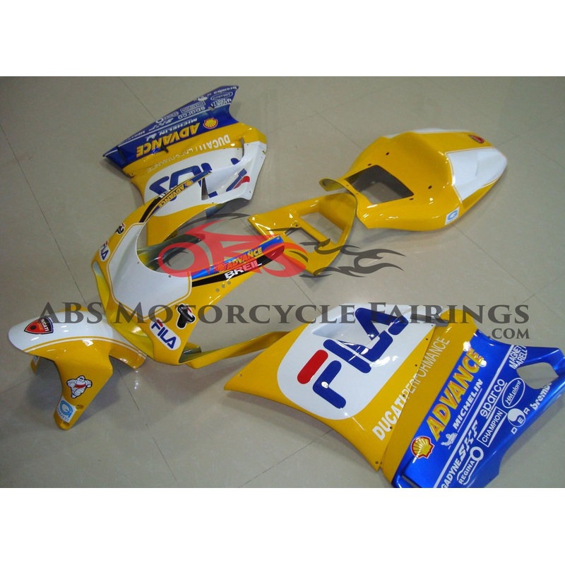 Ducati 748 (1994-2003) Yellow, White & Blue FILA Fairings Clear Windscreen: Free No Bolt Kit