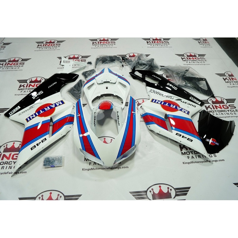 Ducati 848 (2007-2014) White, Red & Blue Martini Fairings Clear Windscreen: Free No Seat Cowl No Bolt Kit