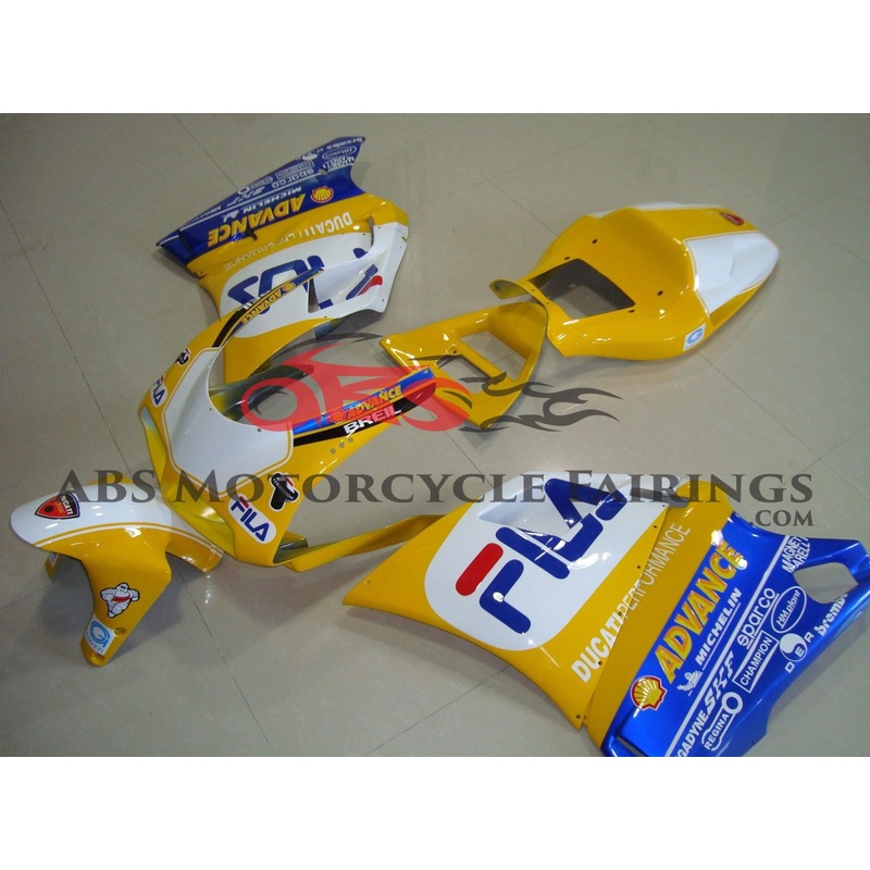 Ducati 916 (1994-1999) Yellow, White & Blue Fila Fairings Clear Windscreen: Free No Bolt Kit
