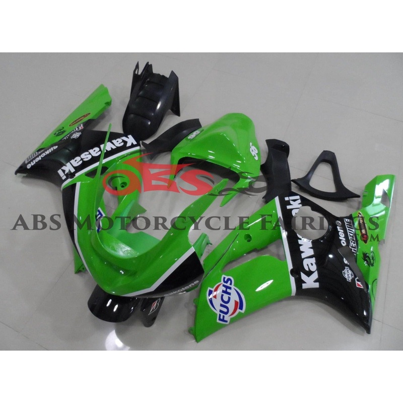 Fairing kit for a Kawasaki ZX6R 636 (2003-2004) Green, Black & White Clear Windscreen: Free No Seat Cowl No Bolt Kit