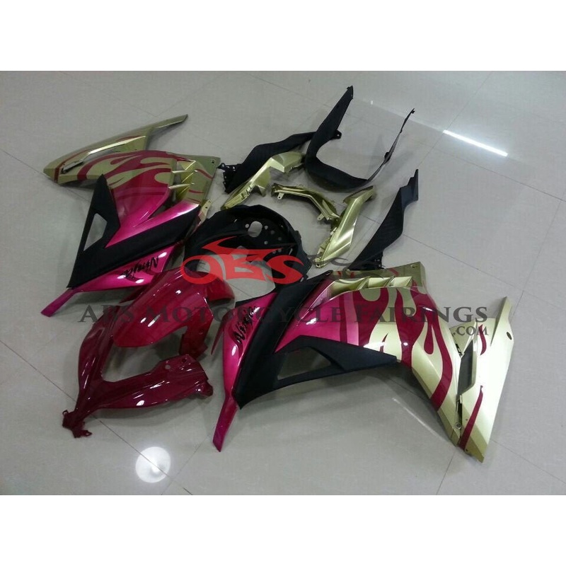 Fairings for Kawasaki Ninja 300 (2013-2024) Gold, Pink Flames No Tank No Seat Cowl No Bolt Kit