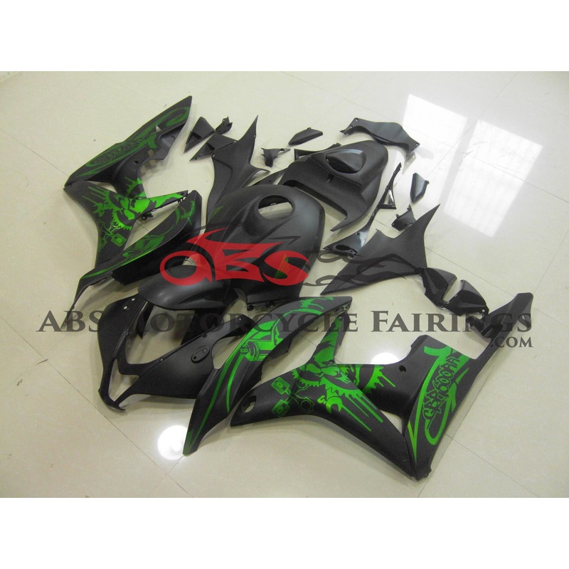 Honda CBR600RR (2007-2008) Matte Black & Green Skull Fairings No Seat Cowl No Bolt Kit No Tank