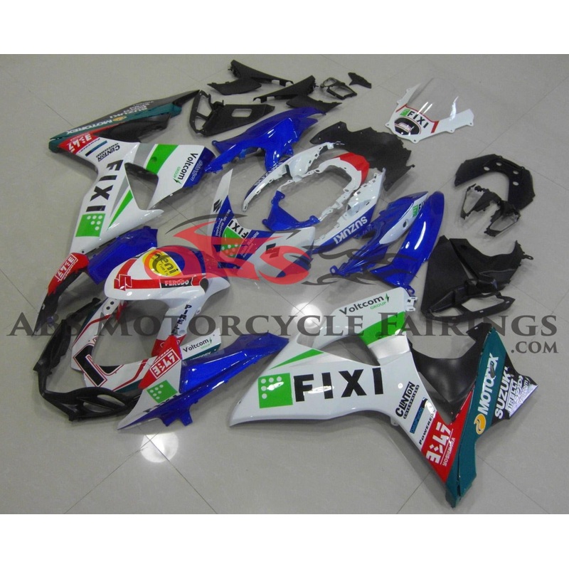 Suzuki GSXR1000 (2009-2016) White & Blue Fixi Fairings Clear Windscreen: Free No Seat Cowl No Bolt Kit