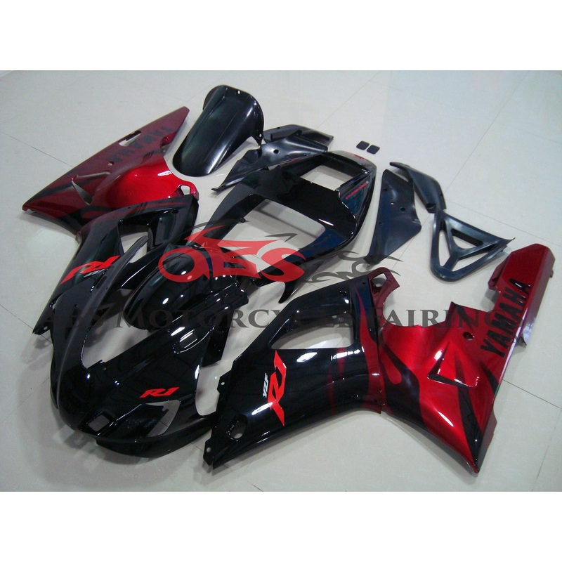 Yamaha YZF-R1 (1998-1999) Black & Candy Apple Red Flame Fairings Clear Windscreen: Free No Seat Cowl No Bolt Kit