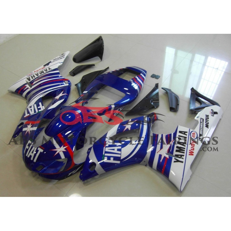 Yamaha YZF-R1 (1998-1999) Blue, Red & White Star Fiat Fairings Clear Windscreen: Free No Seat Cowl No Bolt Kit