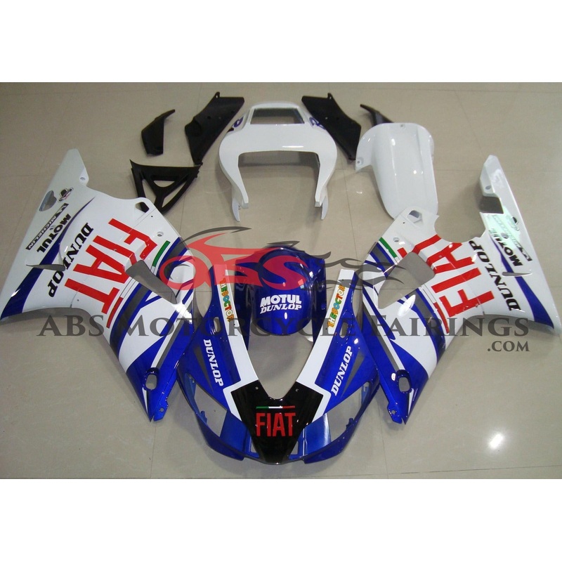 Yamaha YZF-R1 (1998-1999) Blue, White & Red FIAT Fairings Clear Windscreen: Free No Seat Cowl No Bolt Kit