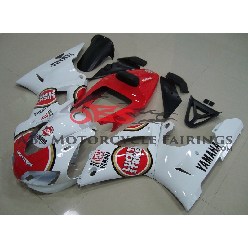 Yamaha YZF-R1 (1998-1999) Red & White Lucky Strike Fairings Clear Windscreen: Free No Seat Cowl No Bolt Kit