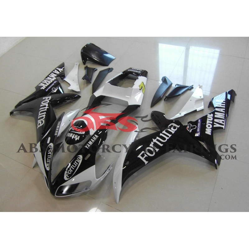 Yamaha YZF-R1 (2002-2003) Black & White Fortuna Fairings Clear Windscreen: Free No Seat Cowl No Bolt Kit