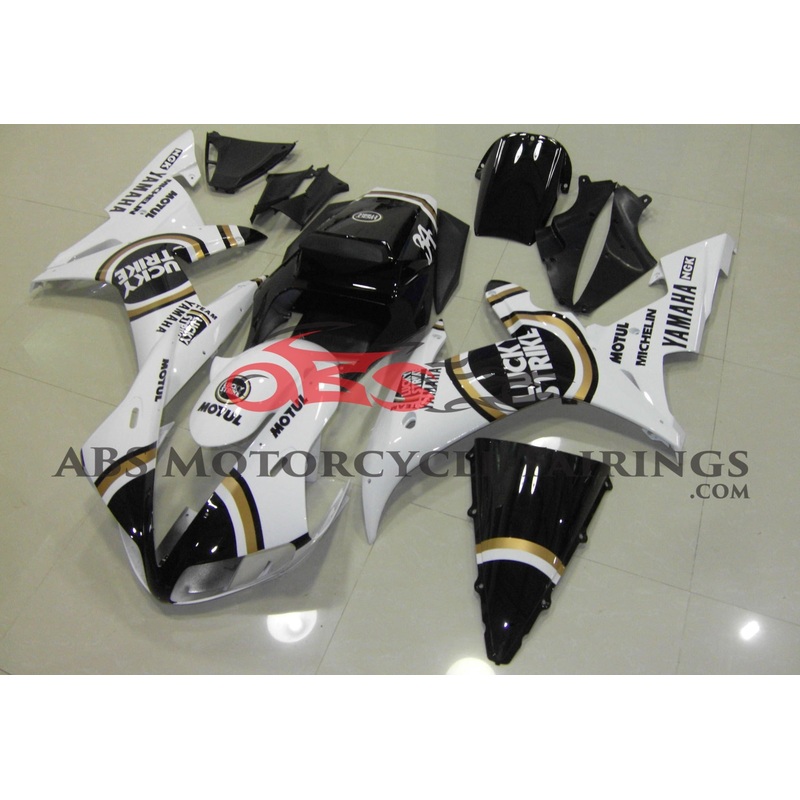 Yamaha YZF-R1 (2002-2003) White, Black & Gold Lucky Strike Fairings Clear Windscreen: Free No Seat Cowl No Bolt Kit