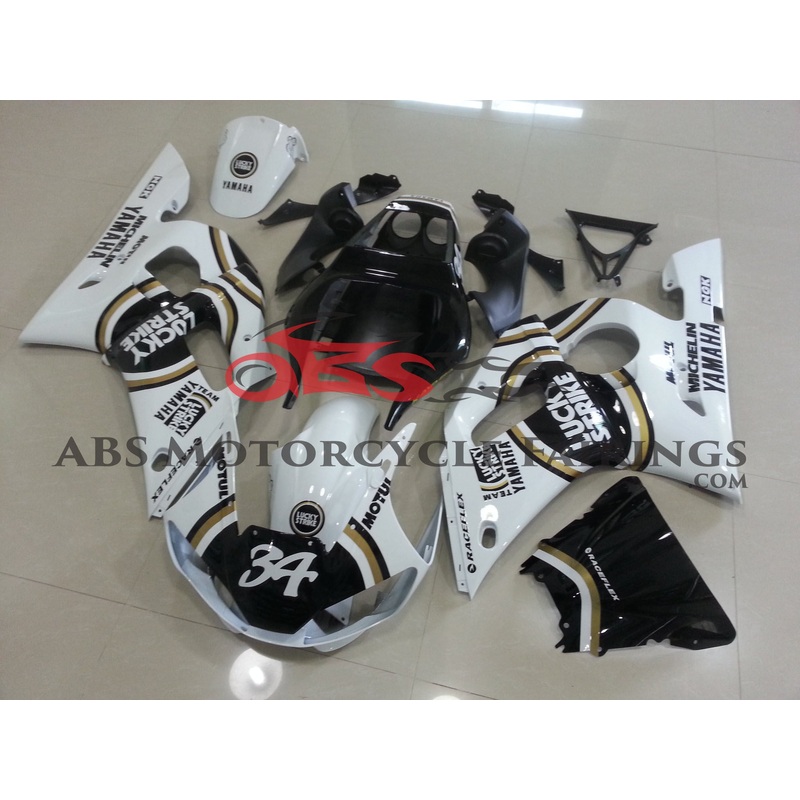 Yamaha YZF-R6 (1998-2002) White, Black & Gold Lucky Strike Fairings Clear Windscreen: Free No Bolt Kit