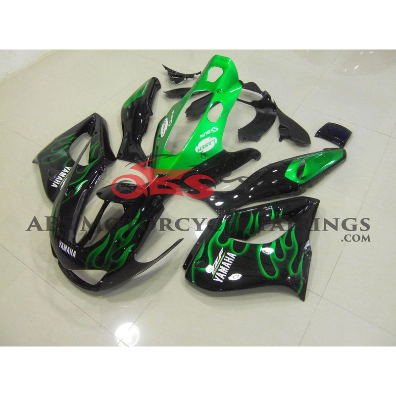 Yamaha YZF1000R (1996-2007) Black & Green Flame Fairings Clear Windscreen: Free Bolt Kit: No