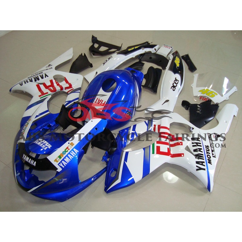 YAMAHA YZF600R (1998-2007) BLUE, WHITE & RED FIAT FAIRINGS Clear Windscreen: Free No Bolt Kit No Tank Cover